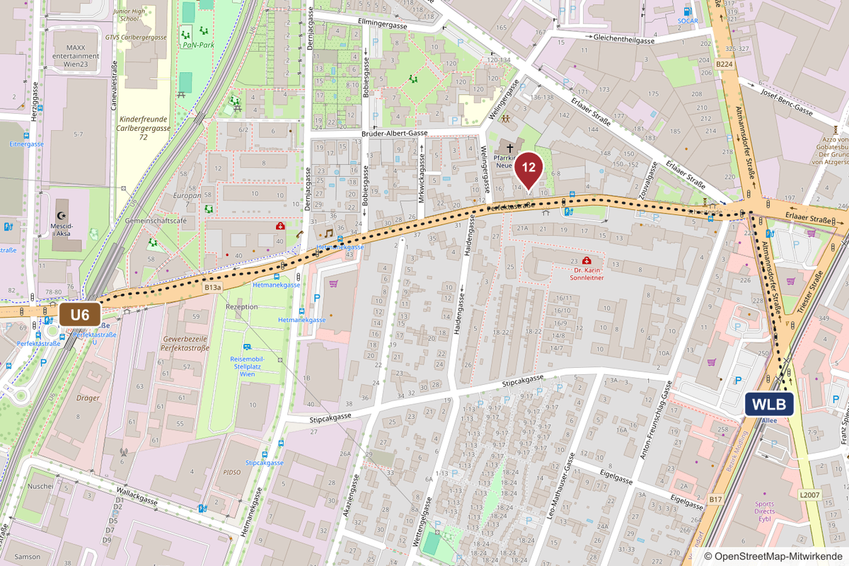 Karte: von der U6-Station Perfektastraße und von der Badner-Bahn-Station Schönbrunner Allee zur Perfektastraße 12